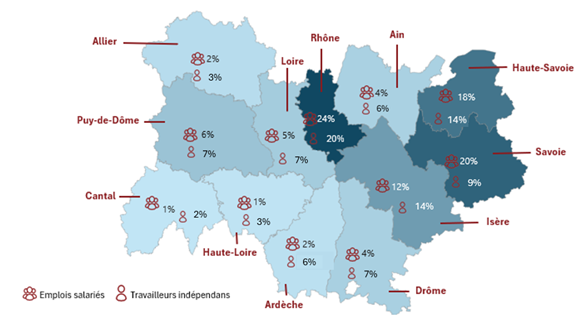 Répartition départementale des emplois salariés touristiques
Ain : 4%
Allier : 2%
Ardèche : 2%
Cantal : 1%
Drôme : 4%
Isère : 12%
Loire : 5%
Haute-Loire : 1%
Puy-de-Dôme : 6%
Rhône : 24%
Savoie : 20%
Haute-Savoie : 18%
Répartition départementale des travailleurs indépendants :
Ain : 6%
Allier : 3%
Ardèche : 6%
Cantal : 2%
Drôme : 7%
Isère : 14%
Loire : 7%
Haute-Loire : 3%
Puy-de-Dôme : 7%
Rhône : 20%
Savoie : 9%
Haute-Savoie : 14%