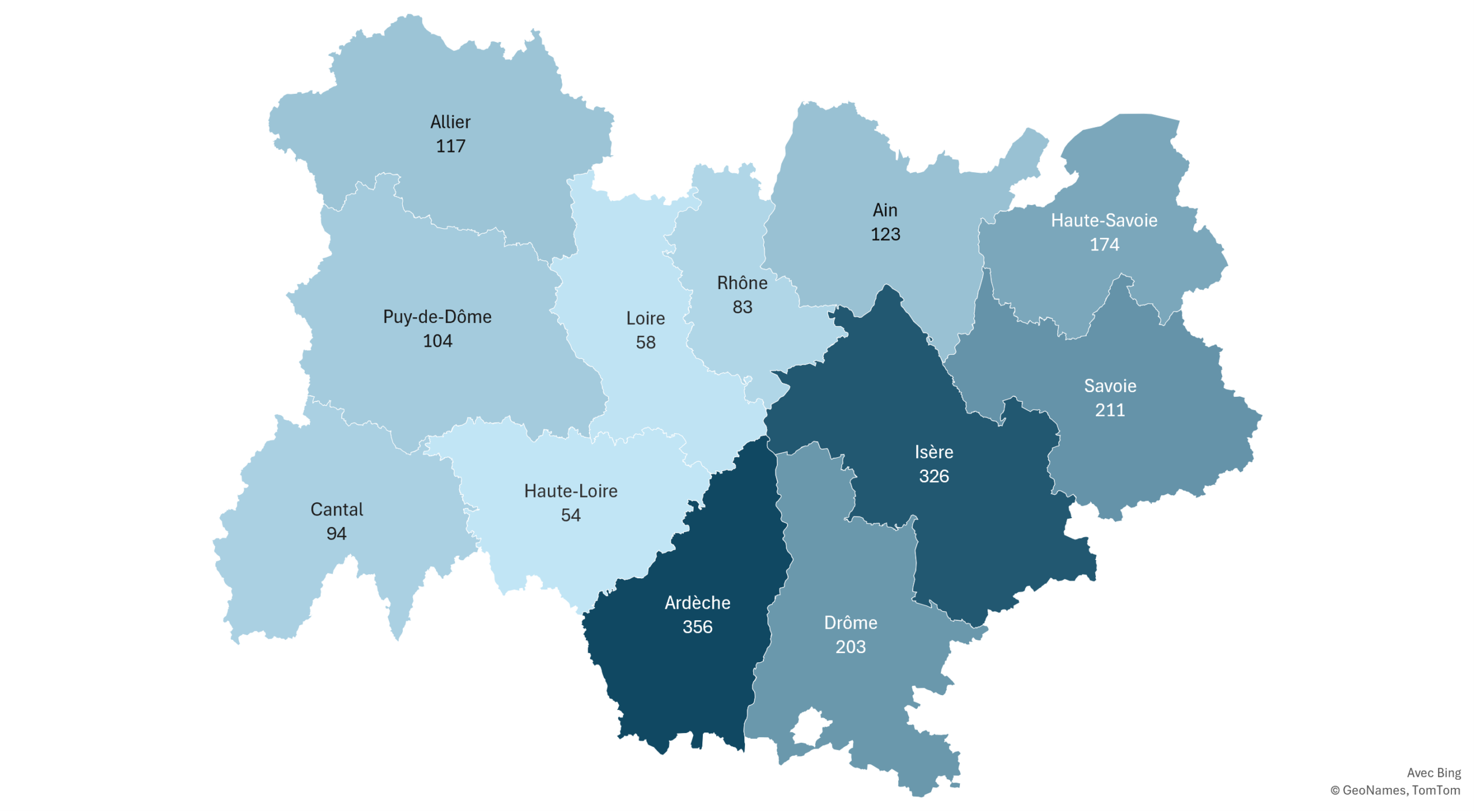 Nombre de structures Accueil Vélo : 
Ain : 123
Allier : 117
Ardèche : 356
Cantal : 94
Drôme : 203
Isère : 326
Loire : 58
Haute-Loire : 54
Puy-de-Dôme : 104
Rhône : 83
Savoie : 211
Haute-Savoie : 174