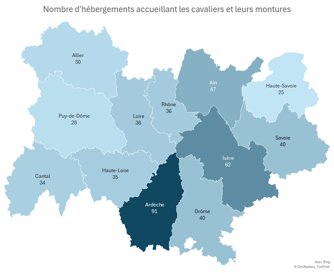 Année 2025	Nombre d’hébergements accueillant les cavaliers et leurs montures
Ain	47
Allier	30
Ardèche	91
Cantal	34
Drôme	40
Isère	62
Loire	36
Haute-Loire	35
Puy-de-Dôme	28
Rhône	36
Savoie	40
Haute-Savoie	25
Auvergne-Rhône-Alpes	504
