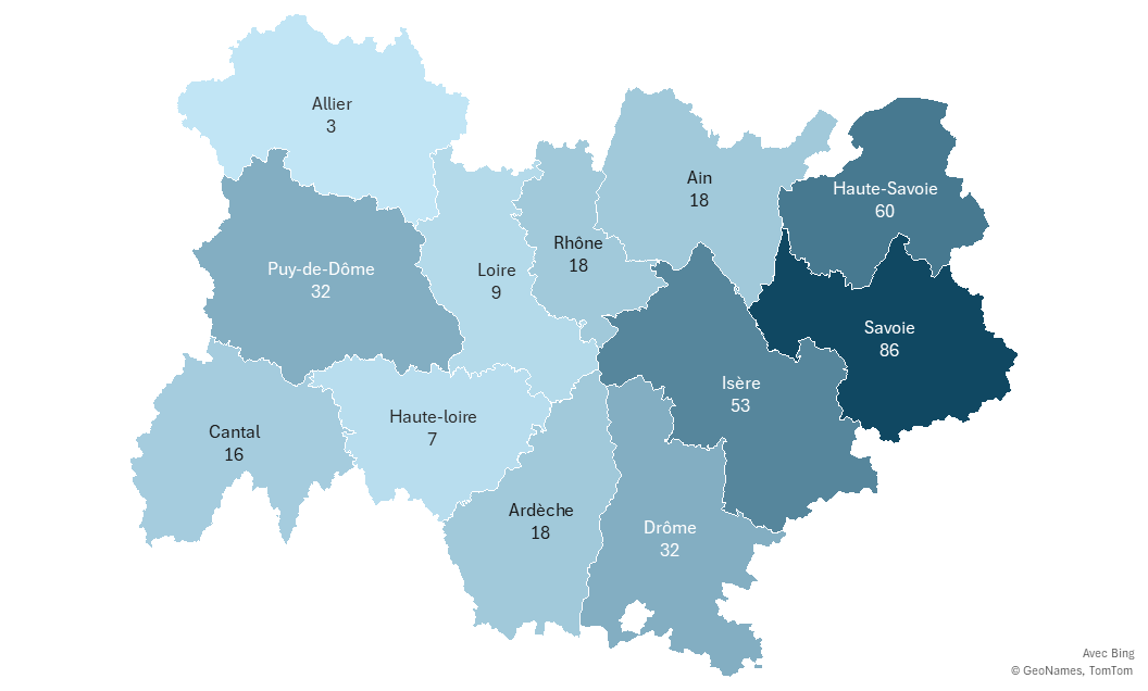 Nombre d'aires de décollage par département :
Ain : 18
Allier : 3
Ardèche : 18
Cantal : 16
Drôme : 32
Isère : 53
Loire : 9
Haute-Loire : 7
Puy-de-Dôme : 32
Rhône : 18
Savoie : 86
Haute-Savoie : 60