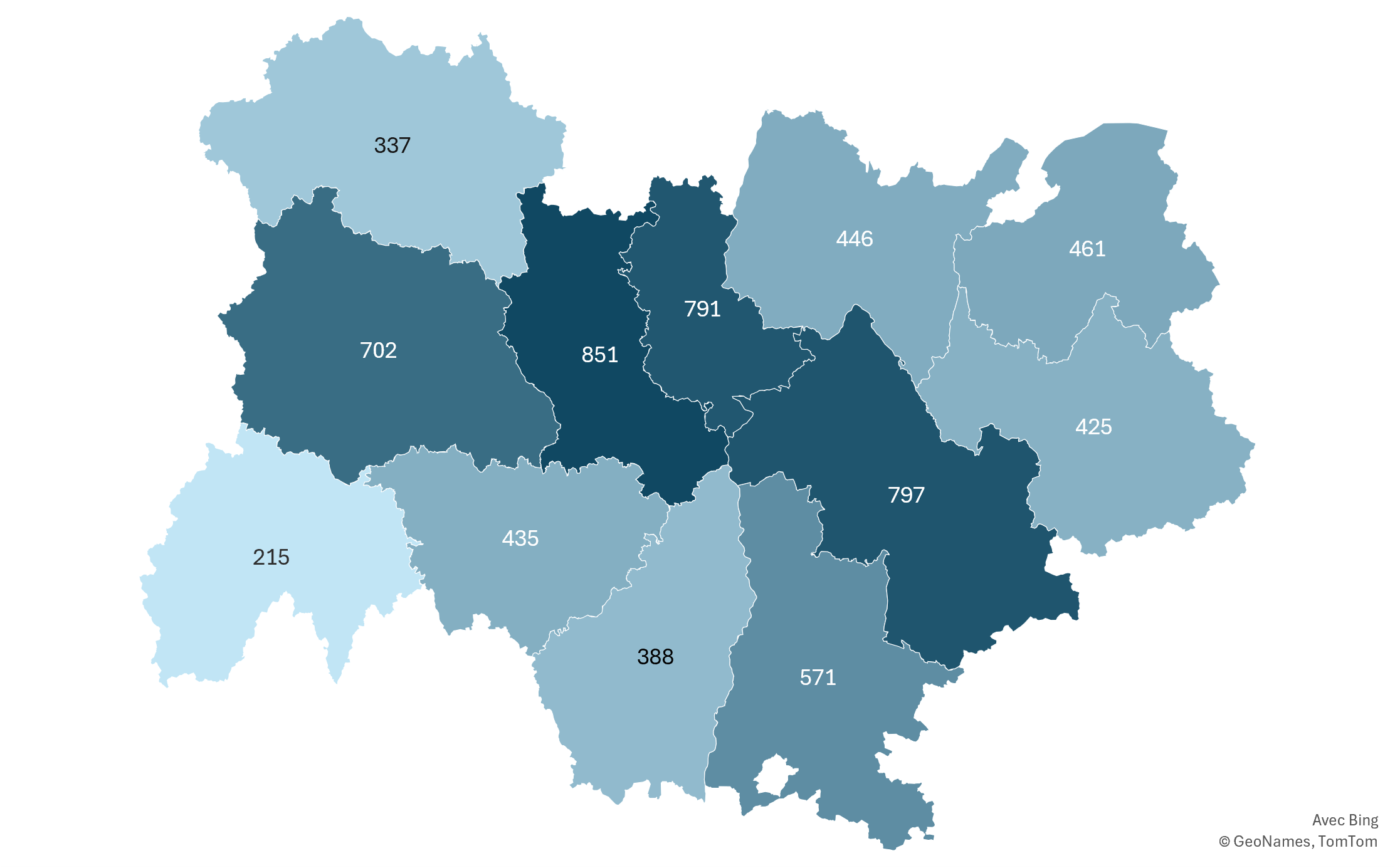 Répartition départementale :
Ain : 490
Allier : 349
Ardèche : 419
Cantal : 228
Drôme : 589
Isère : 840
Loire : 878
Haute-Loire : 452
Puy-de-Dôme : 741
Rhône : 836
Savoie : 444
Haute-Savoie : 495