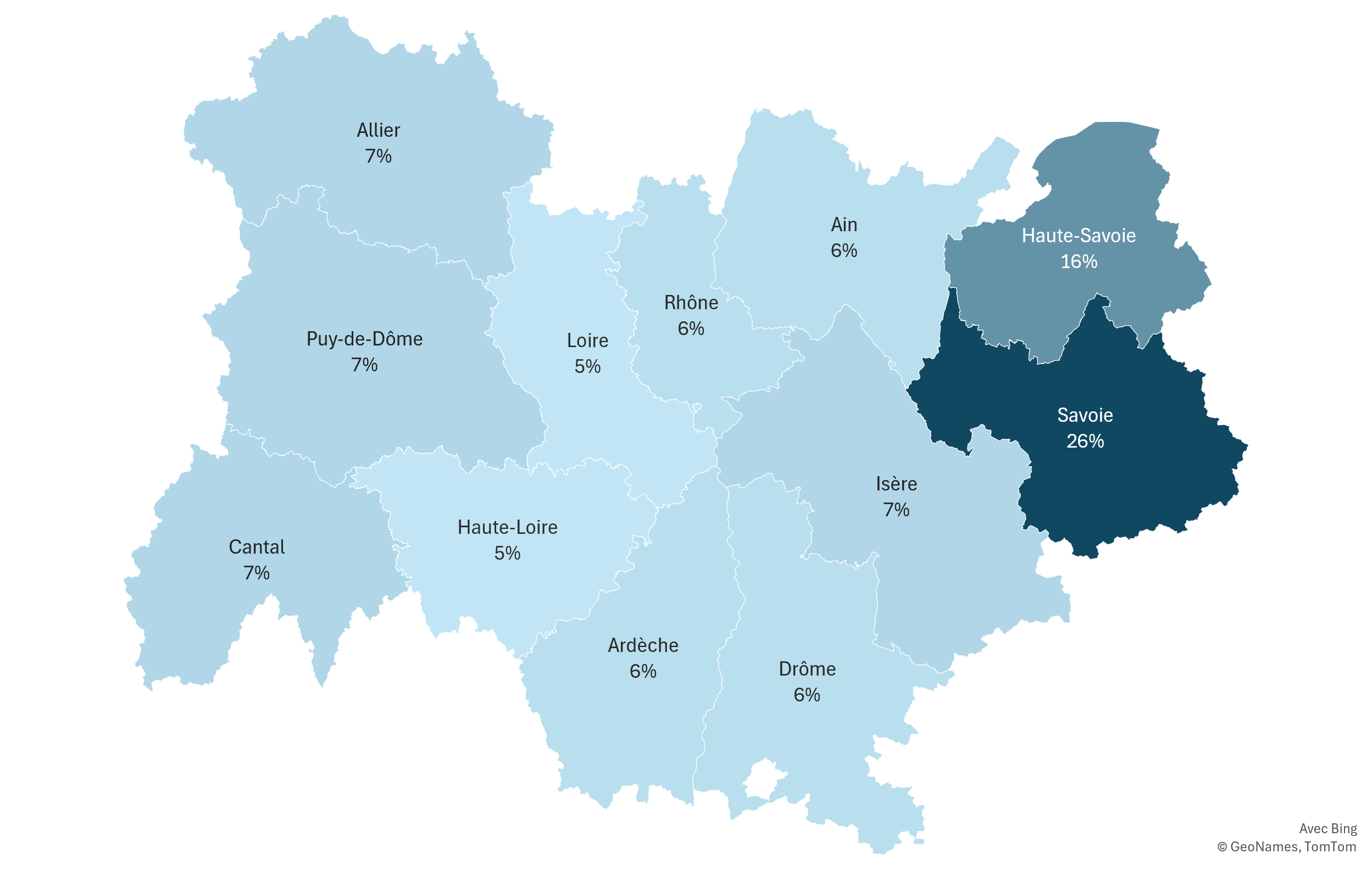 Part des emplois salariés touristiques dans l'emploi salarié total du département :
Ain : 6%
Allier : 7%
Ardèche : 6%
Cantal : 7%
Drôme : 6%
Isère : 7%
Loire : 5%
Haute-Loire : 5%
Puy-de-Dôme : 7%
Rhône : 6%
Savoie : 26%
Haute-Savoie : 16%