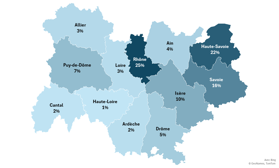 Répartition départementale des nuitées :
Ain : 4%
Allier : 3%
Ardèche : 2%
Cantal : 2%
Drôme : 5%
Isère : 10%
Loire : 3%
Haute-Loire : 1%
Puy-de-Dôme : 7%
Rhône : 25%
Savoie : 16%
Haute-Savoie : 22%