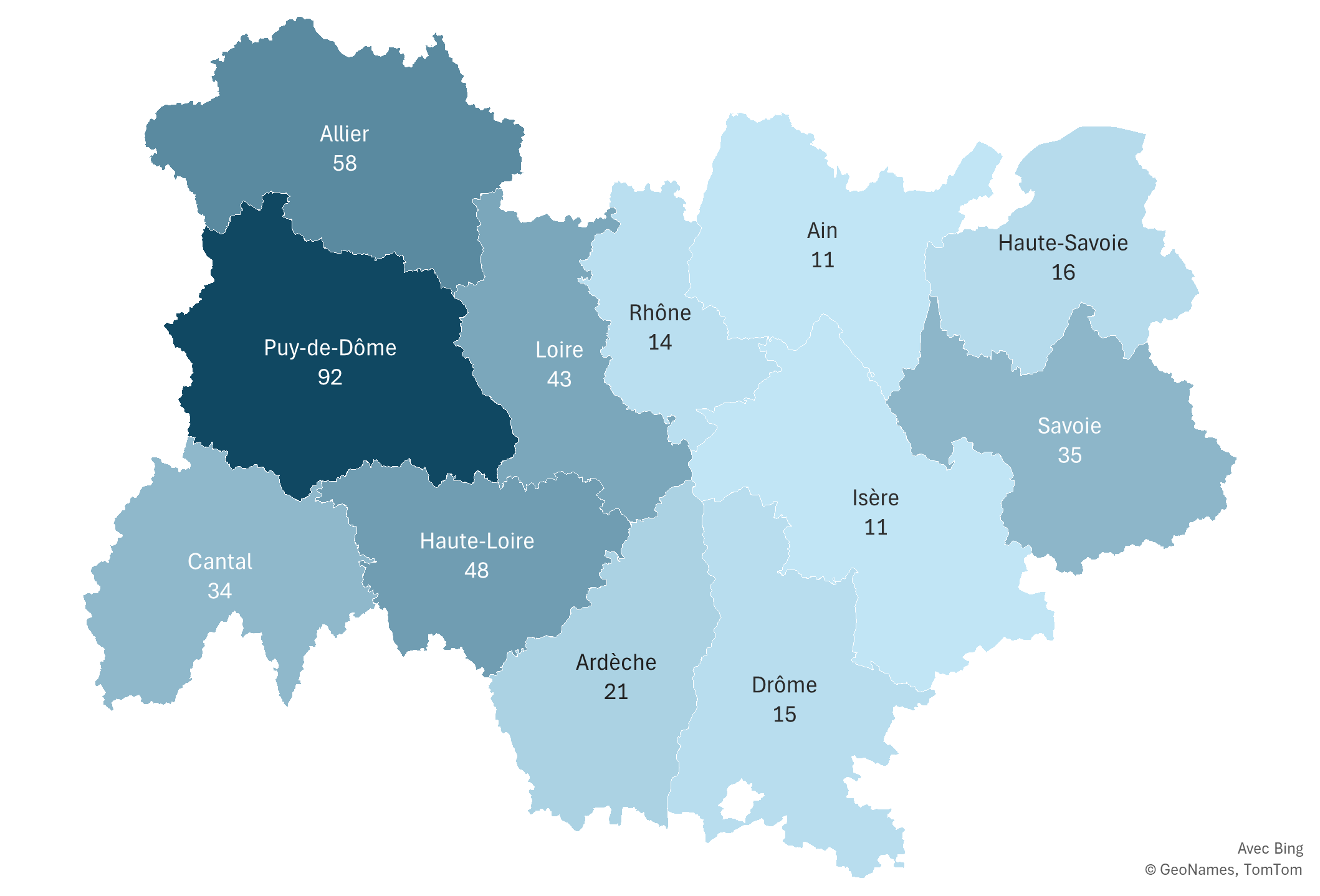 Répartition du nombre de structures labellisées par département : 
Ain : 11
Allier : 58
Ardèche : 21
Cantal : 34
Drôme : 15
Isère : 11
Loire : 43
Haute-Loire : 48
Puy-de-Dôme : 92
Rhône : 14
Savoie : 35
Haute-Savoie : 16