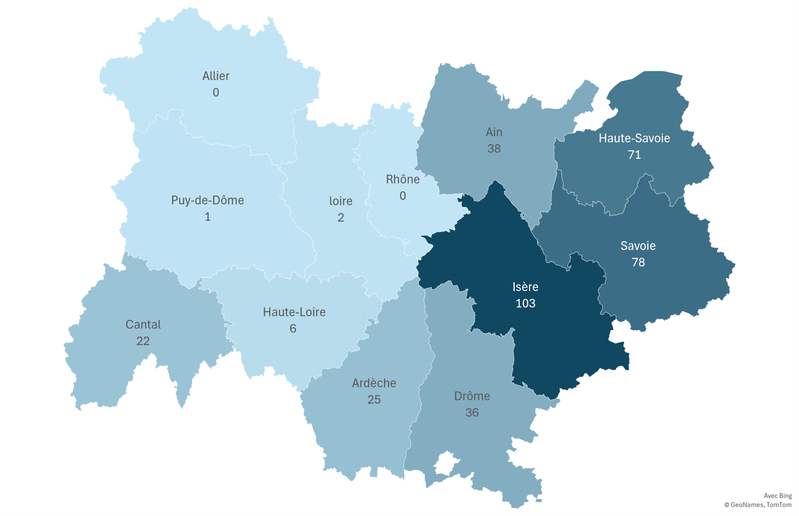 nombre de bases de canyoning par département :
Ain : 38
Allier : 0
Ardèche : 25
Cantal : 22
Drôme : 36
Isère : 103
Loire : 2
Haute-Loire : 6
Puy-de-Dôme : 1
Rhône : 0
Savoie : 78
Haute-Savoie : 71