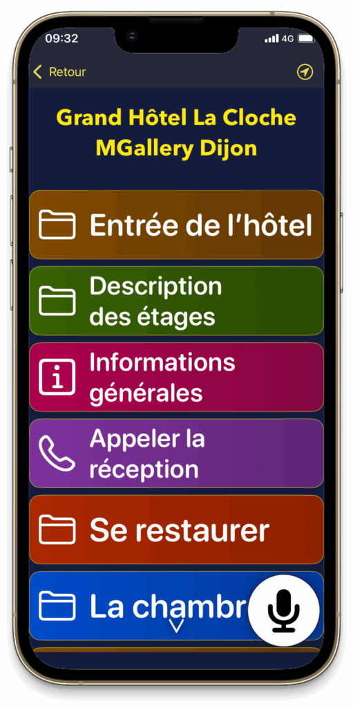 Exemple de fonctionnalité sur l'écran de smartphone pour un hôtel : entrée de l'hôle, description des étages, informatins générales, appeler la réception, se restaurer, la chambre. 